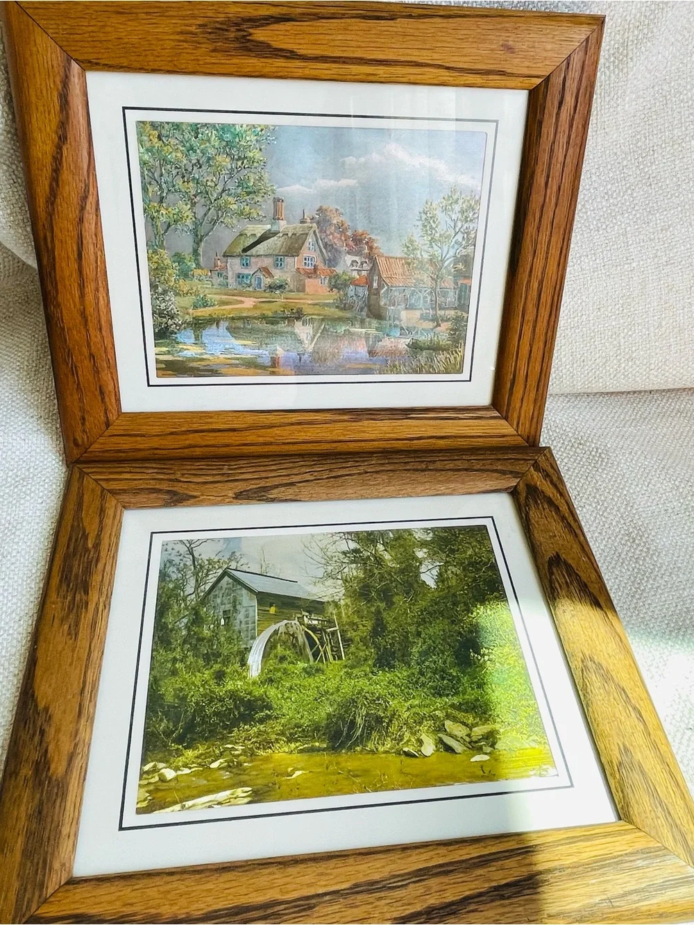 (2) Vintage MCM Foil Art Classic Oak Wood Picture Frames